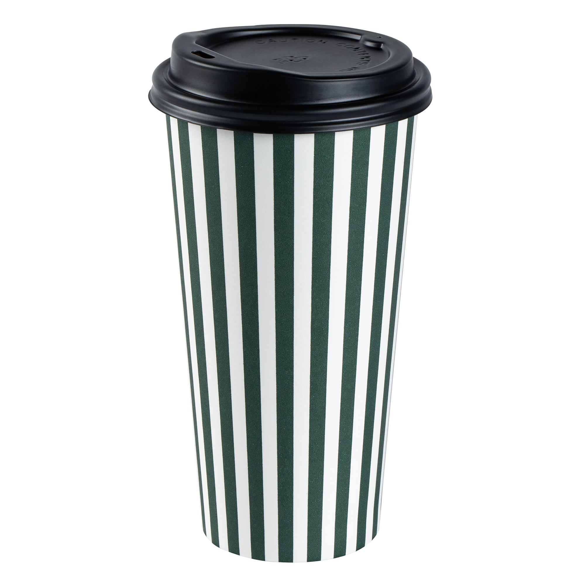 Restpresso 20 oz Forest Green and White Stripe Paper Single Wall Coffee Cup - with Black Lid - 3 1/2"x 3 1/2"x 6 1/4" - 20 count box