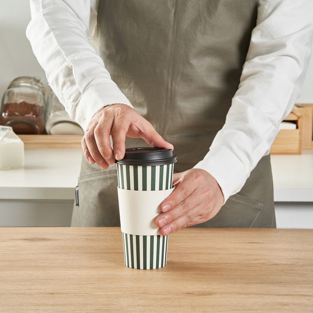 Restpresso 20 oz Forest Green and White Stripe Paper Single Wall Coffee Cup - with Black Lid - 3 1/2"x 3 1/2"x 6 1/4" - 20 count box
