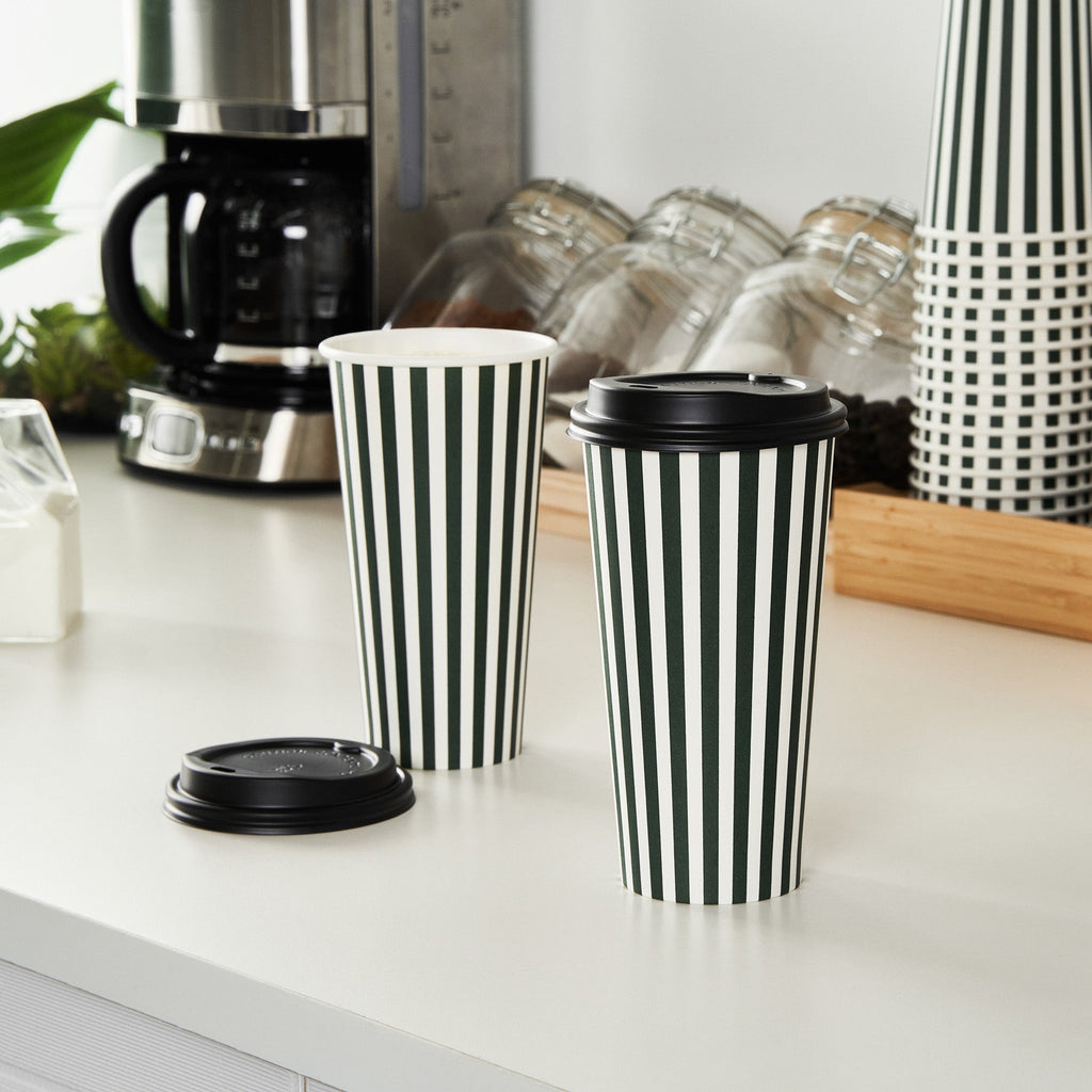 Restpresso 20 oz Forest Green and White Stripe Paper Single Wall Coffee Cup - with Black Lid - 3 1/2"x 3 1/2"x 6 1/4" - 20 count box