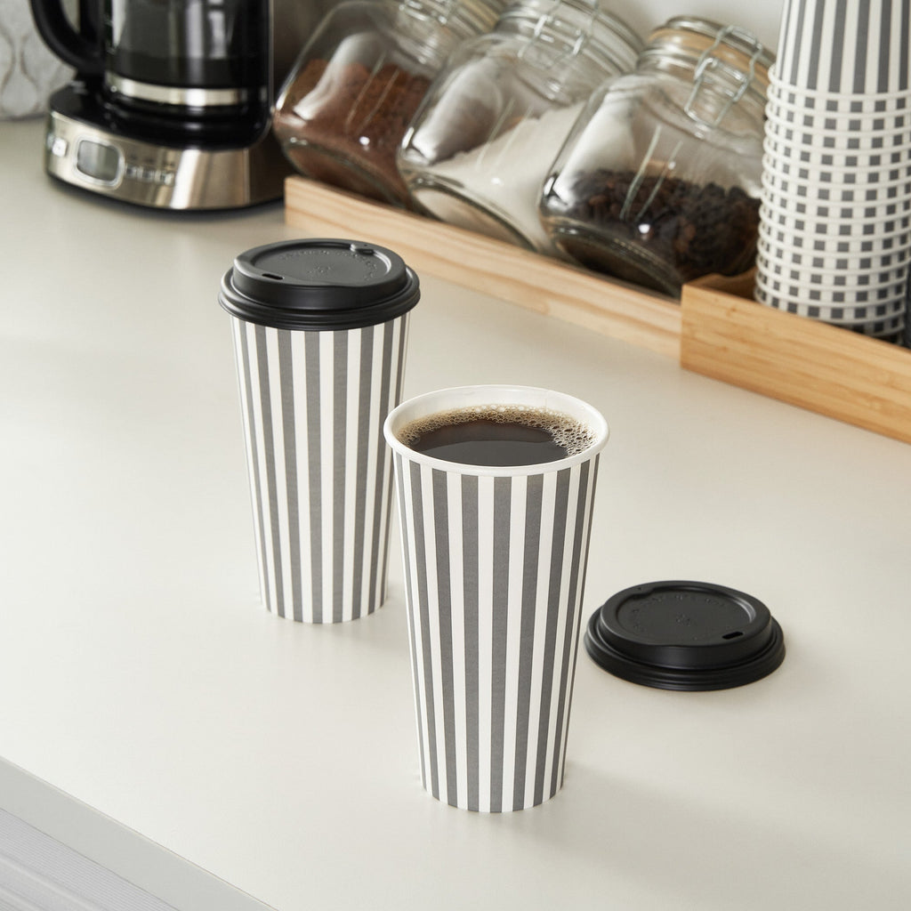 Restpresso 20 oz Gray and White Stripe Paper Single Wall Coffee Cup - with Black Lid - 3 1/2"x 3 1/2"x 6 1/4" - 20 count box