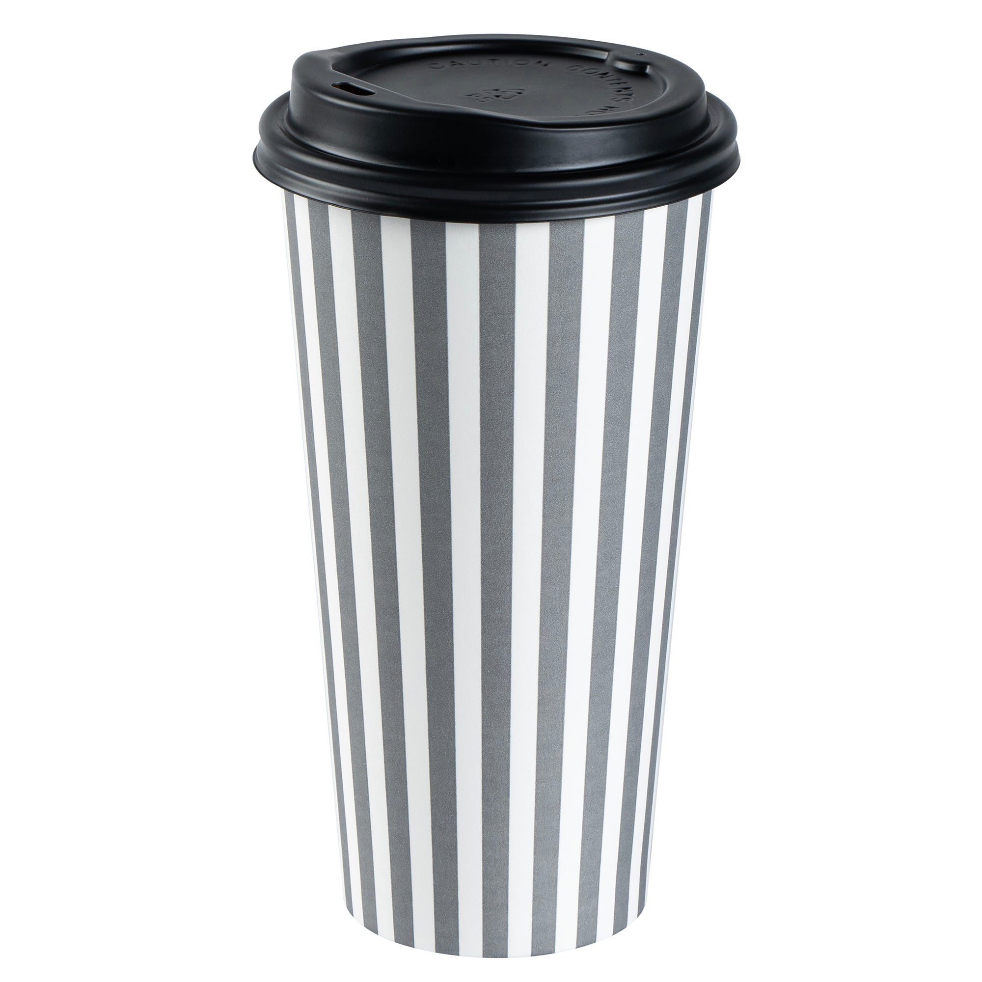 Restpresso 20 oz Gray and White Stripe Paper Single Wall Coffee Cup - with Black Lid - 3 1/2"x 3 1/2"x 6 1/4" - 20 count box