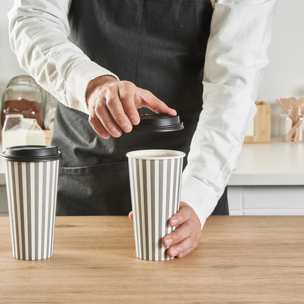 Restpresso 20 oz Gray and White Stripe Paper Single Wall Coffee Cup - with Black Lid - 3 1/2"x 3 1/2"x 6 1/4" - 20 count box