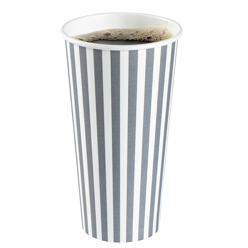 Restpresso 20 oz Gray and White Stripe Paper Single Wall Coffee Cup - with Black Lid - 3 1/2"x 3 1/2"x 6 1/4" - 400 count box