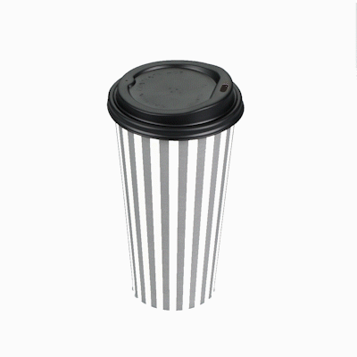 Restpresso 20 oz Gray and White Stripe Paper Single Wall Coffee Cup - with Black Lid - 3 1/2"x 3 1/2"x 6 1/4" - 400 count box