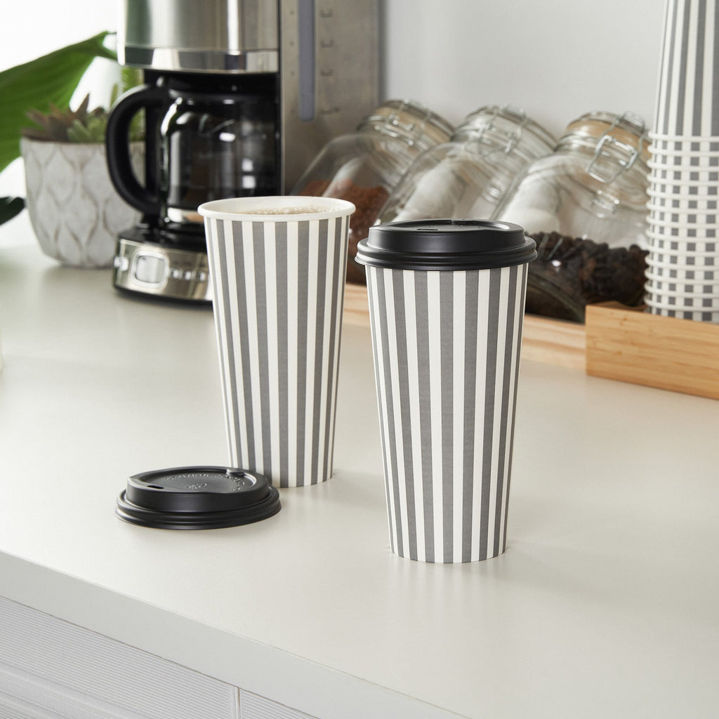 Restpresso 20 oz Gray and White Stripe Paper Single Wall Coffee Cup - with Black Lid - 3 1/2"x 3 1/2"x 6 1/4" - 400 count box