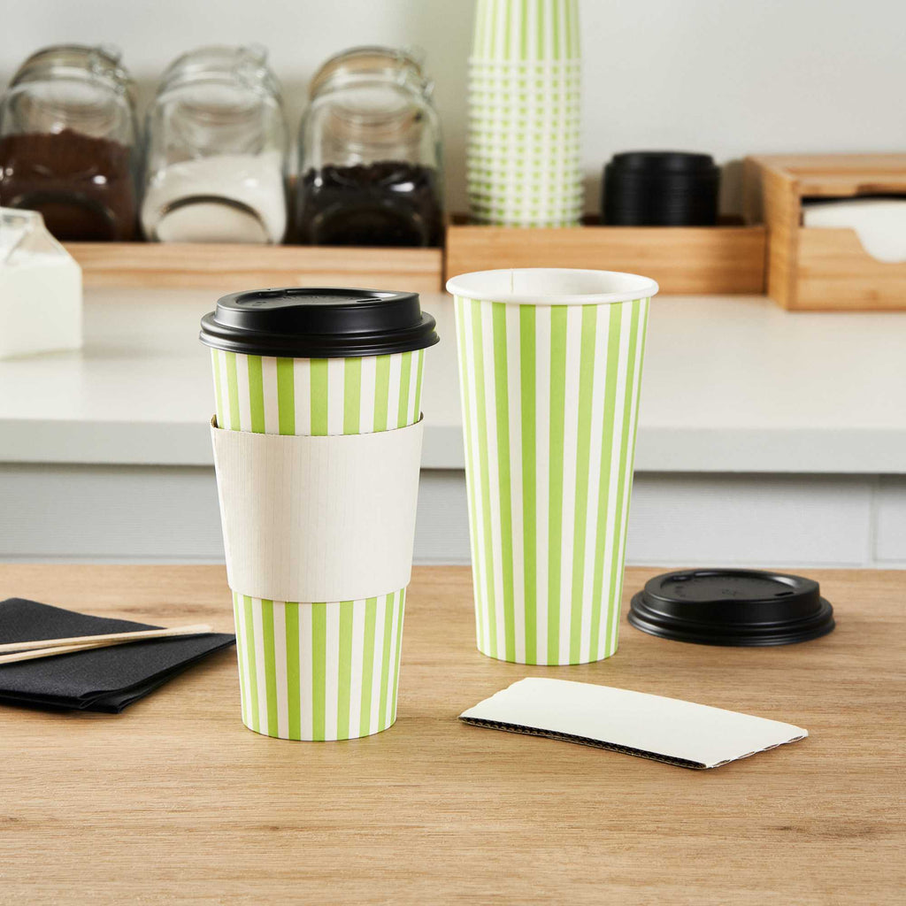 Restpresso 20 oz Green and White Stripe Paper Single Wall Coffee Cup - with Black Lid - 3 1/2"x 3 1/2"x 6 1/4" - 20 count box