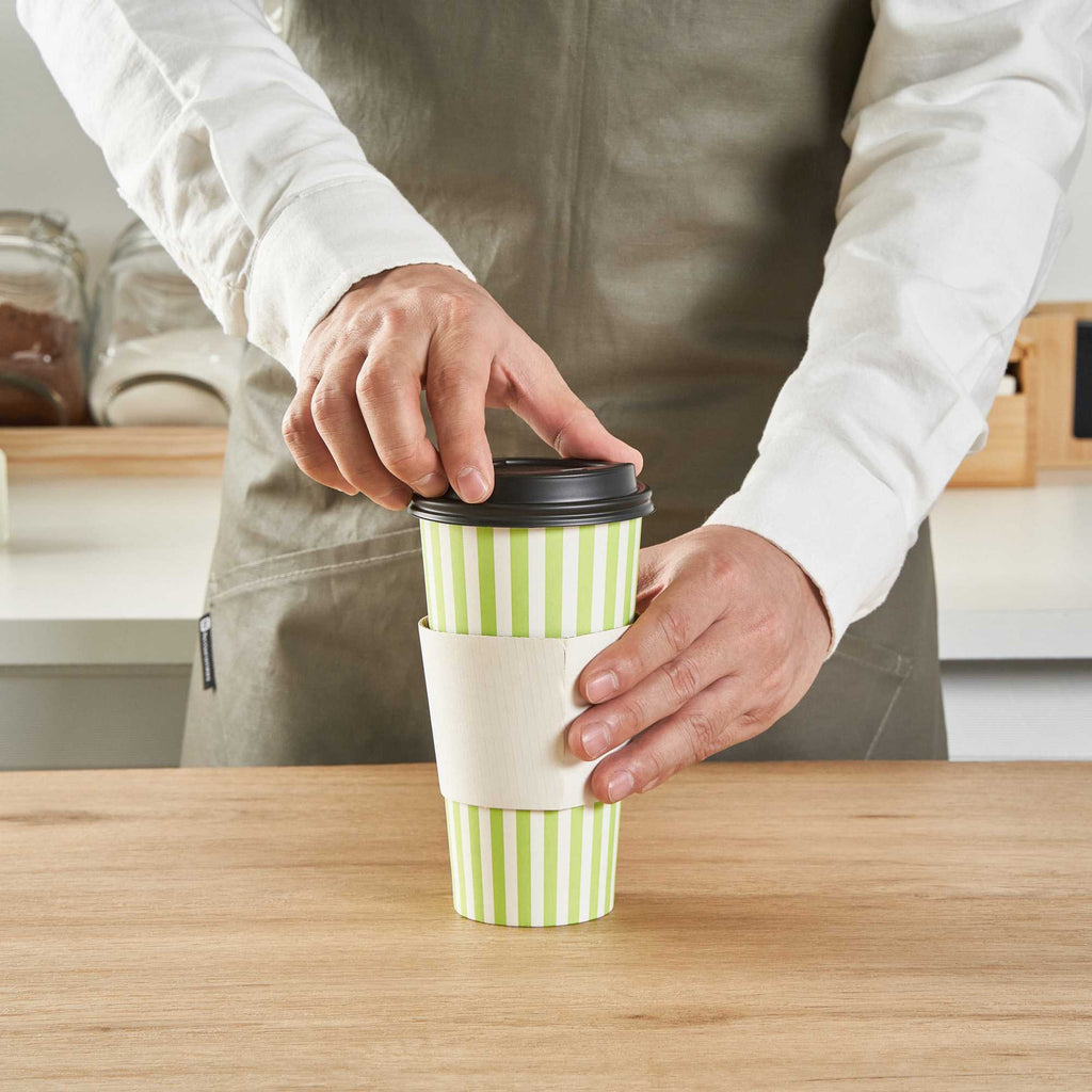 Restpresso 20 oz Green and White Stripe Paper Single Wall Coffee Cup - with Black Lid - 3 1/2"x 3 1/2"x 6 1/4" - 20 count box