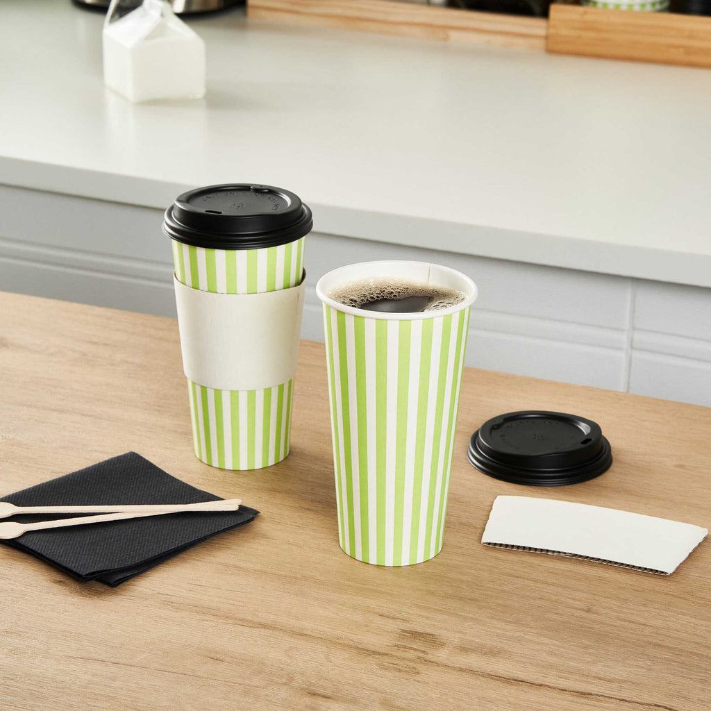 Restpresso 20 oz Green and White Stripe Paper Single Wall Coffee Cup - with Black Lid - 3 1/2"x 3 1/2"x 6 1/4" - 20 count box