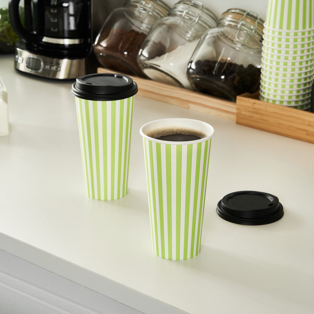 Restpresso 20 oz Green and White Stripe Paper Single Wall Coffee Cup - with Black Lid - 3 1/2"x 3 1/2"x 6 1/4" - 400 count box