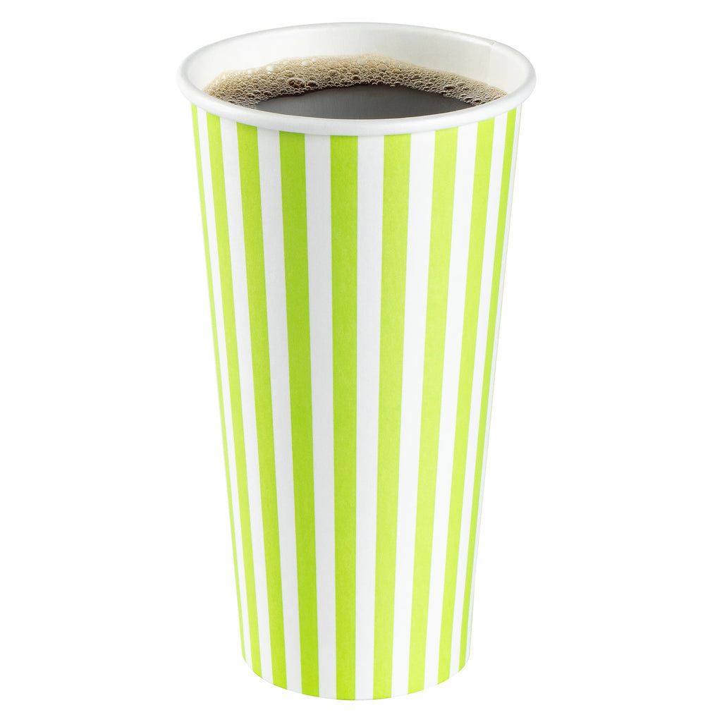 Restpresso 20 oz Green and White Stripe Paper Single Wall Coffee Cup - with Black Lid - 3 1/2"x 3 1/2"x 6 1/4" - 400 count box