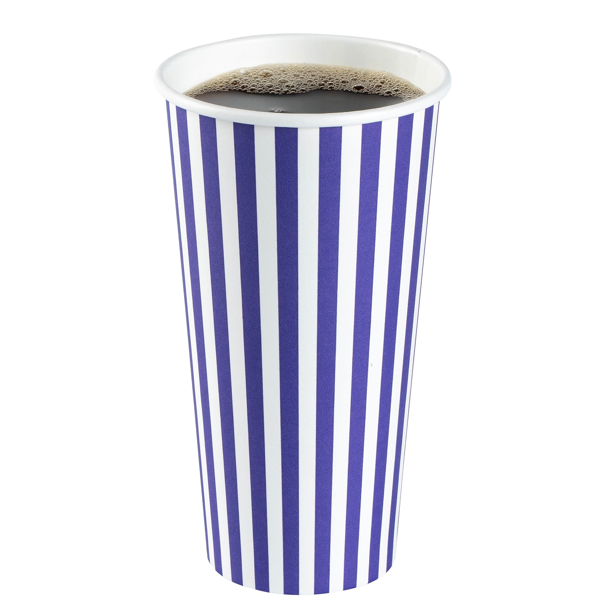 Restpresso 20 oz Purple and White Stripe Paper Single Wall Coffee Cup - with Black Lid - 3 1/2"x 3 1/2"x 6 1/4" - 20 count box