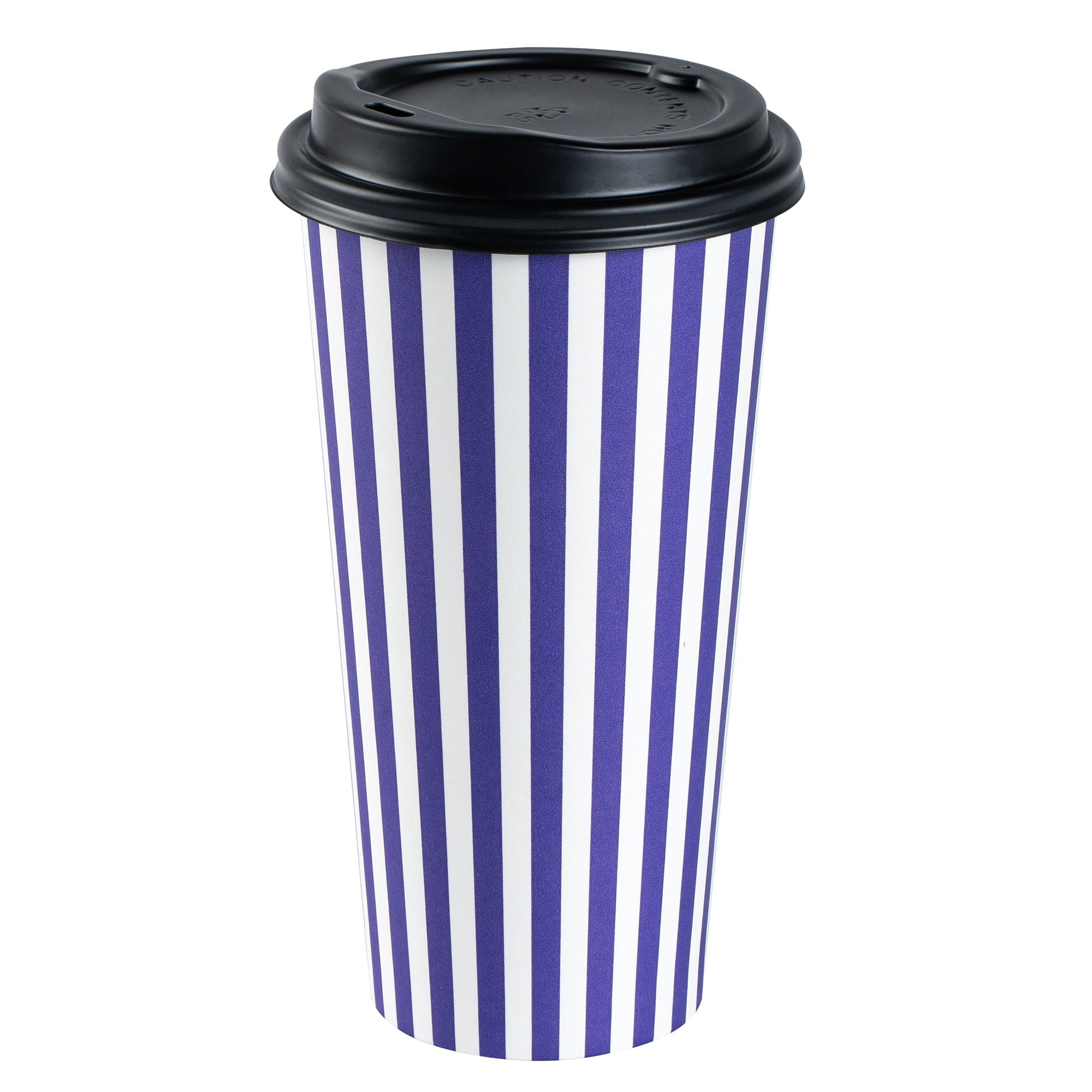 Restpresso 20 oz Purple and White Stripe Paper Single Wall Coffee Cup - with Black Lid - 3 1/2"x 3 1/2"x 6 1/4" - 400 count box