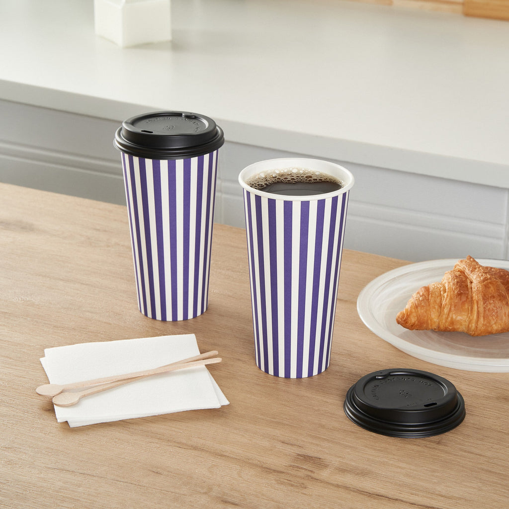 Restpresso 20 oz Purple and White Stripe Paper Single Wall Coffee Cup - with Black Lid - 3 1/2"x 3 1/2"x 6 1/4" - 400 count box