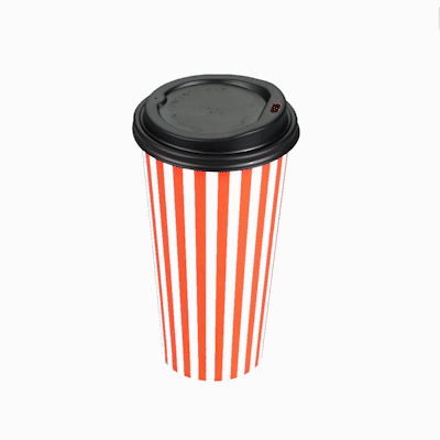 Restpresso 20 oz Red and White Stripe Paper Single Wall Coffee Cup - with Black Lid - 3 1/2"x 3 1/2"x 6 1/4" - 20 count box