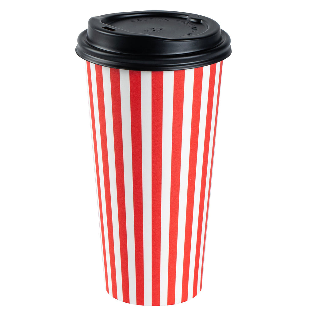 Restpresso 20 oz Red and White Stripe Paper Single Wall Coffee Cup - with Black Lid - 3 1/2"x 3 1/2"x 6 1/4" - 20 count box
