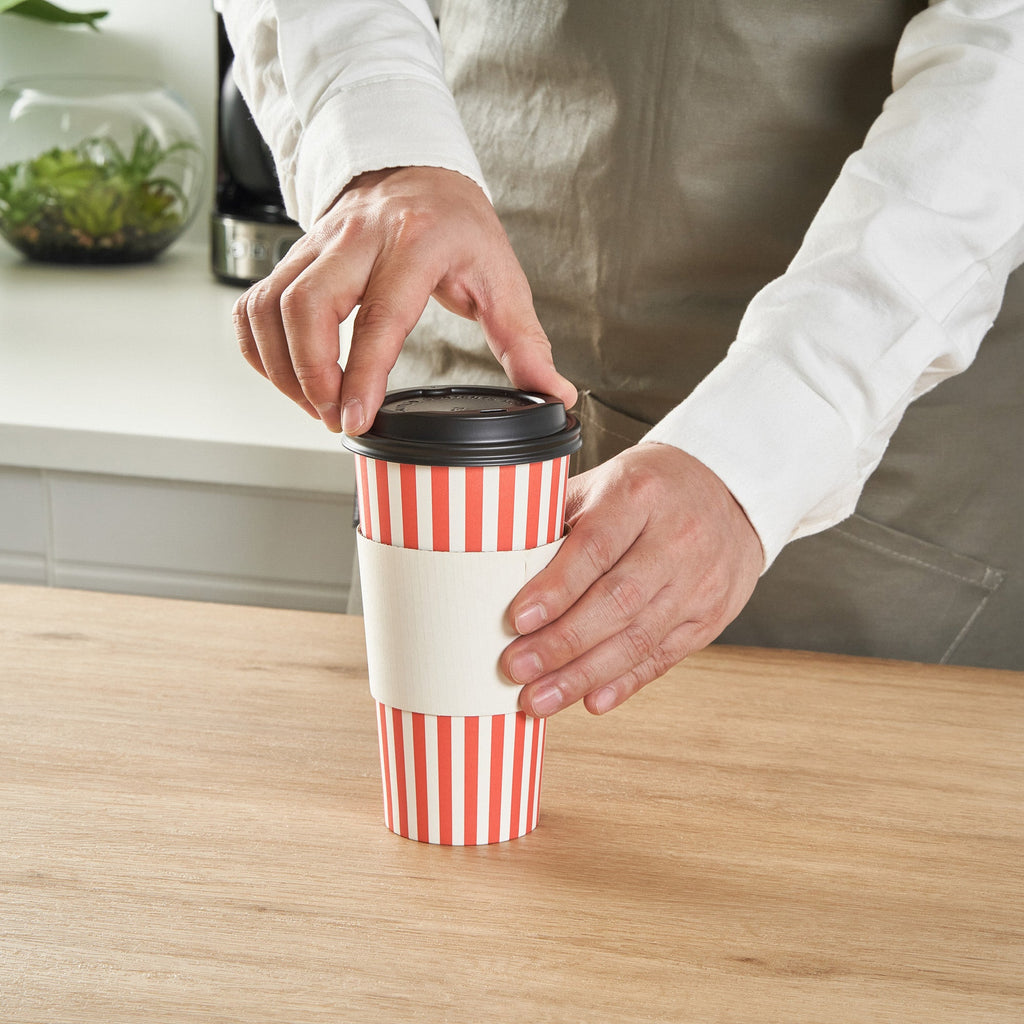 Restpresso 20 oz Red and White Stripe Paper Single Wall Coffee Cup - with Black Lid - 3 1/2"x 3 1/2"x 6 1/4" - 20 count box