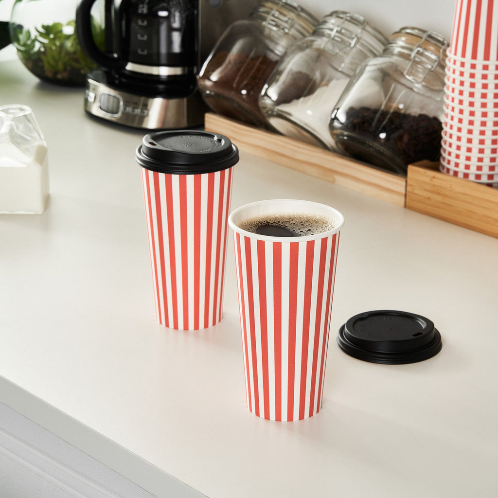 Restpresso 20 oz Red and White Stripe Paper Single Wall Coffee Cup - with Black Lid - 3 1/2"x 3 1/2"x 6 1/4" - 400 count box