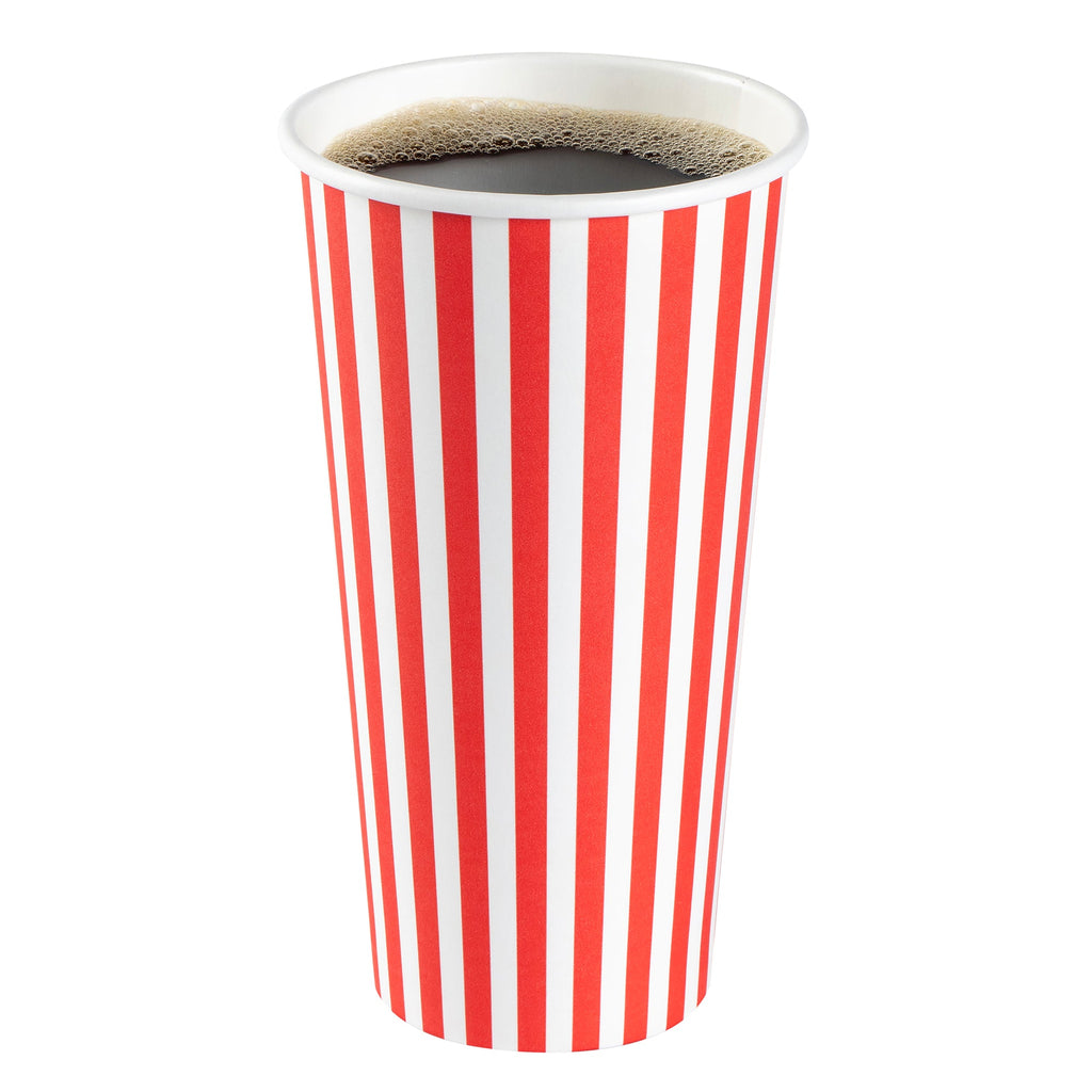 Restpresso 20 oz Red and White Stripe Paper Single Wall Coffee Cup - with Black Lid - 3 1/2"x 3 1/2"x 6 1/4" - 400 count box