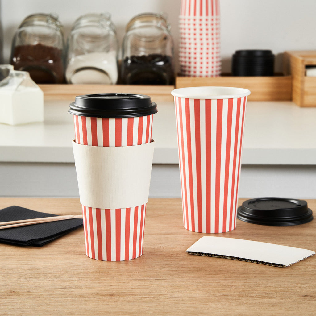 Restpresso 20 oz Red and White Stripe Paper Single Wall Coffee Cup - with Black Lid - 3 1/2"x 3 1/2"x 6 1/4" - 400 count box