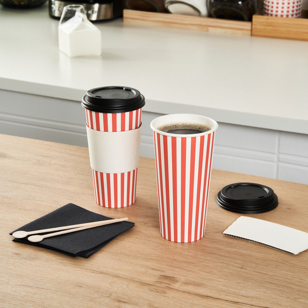 Restpresso 20 oz Red and White Stripe Paper Single Wall Coffee Cup - with Black Lid - 3 1/2"x 3 1/2"x 6 1/4" - 400 count box