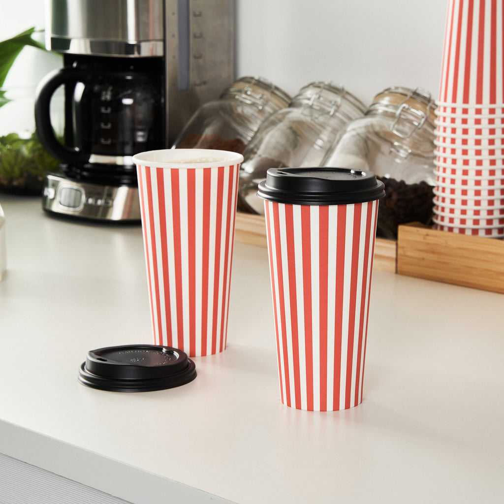 Restpresso 20 oz Red and White Stripe Paper Single Wall Coffee Cup - with Black Lid - 3 1/2"x 3 1/2"x 6 1/4" - 400 count box