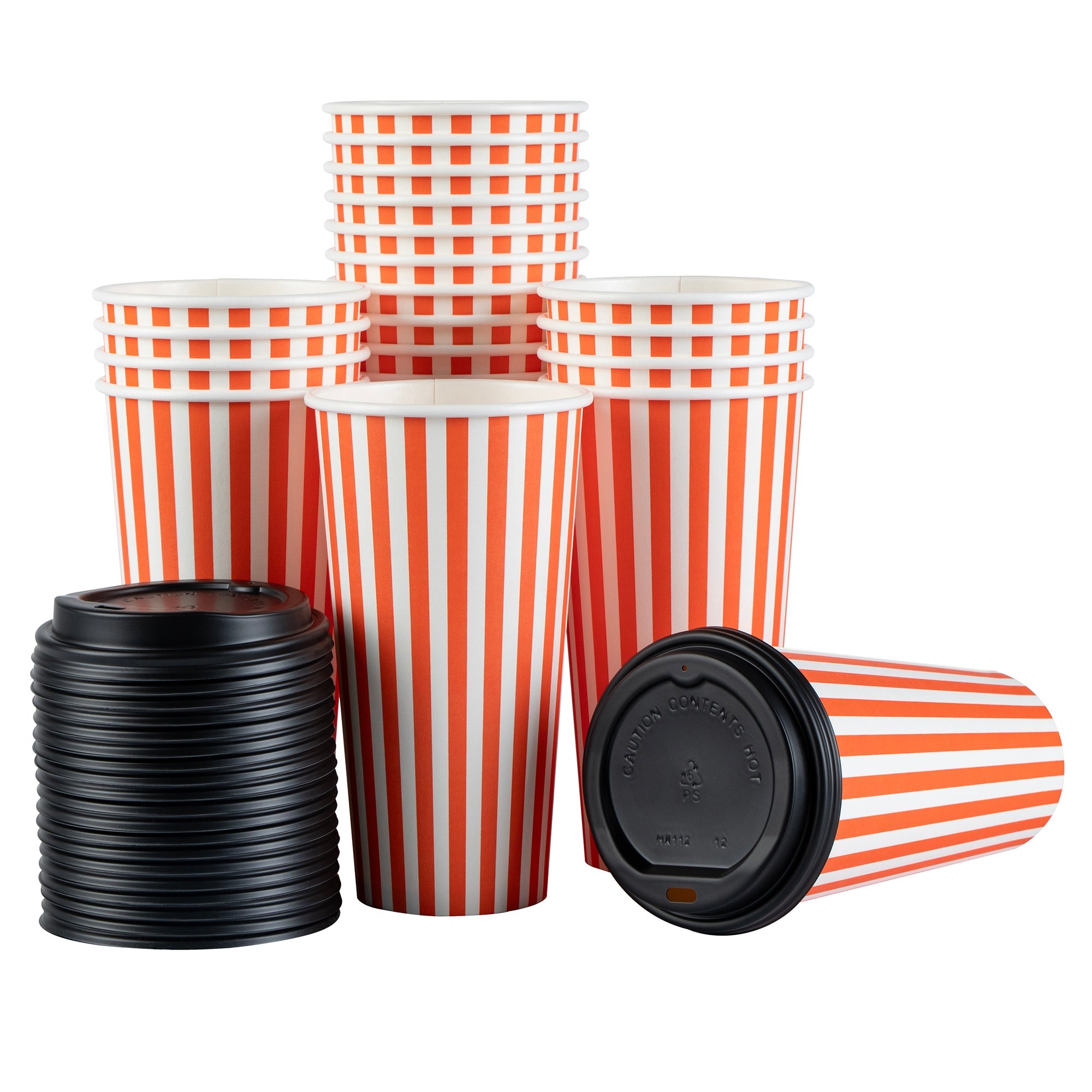 Restpresso 20 oz Orange and White Stripe Paper Single Wall Coffee Cup - with Black Lid - 3 1/2"x 3 1/2"x 6 1/4" - 20 count box