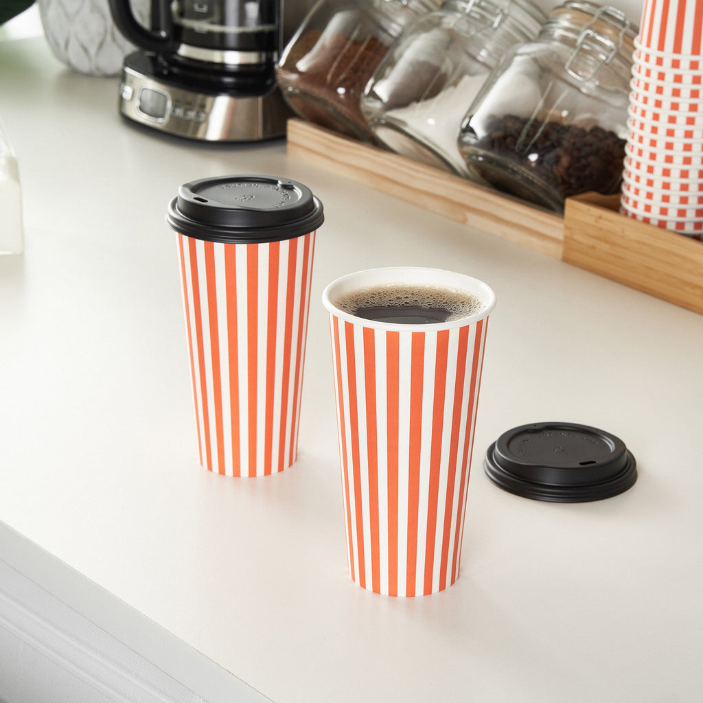 Restpresso 20 oz Orange and White Stripe Paper Single Wall Coffee Cup - with Black Lid - 3 1/2"x 3 1/2"x 6 1/4" - 20 count box