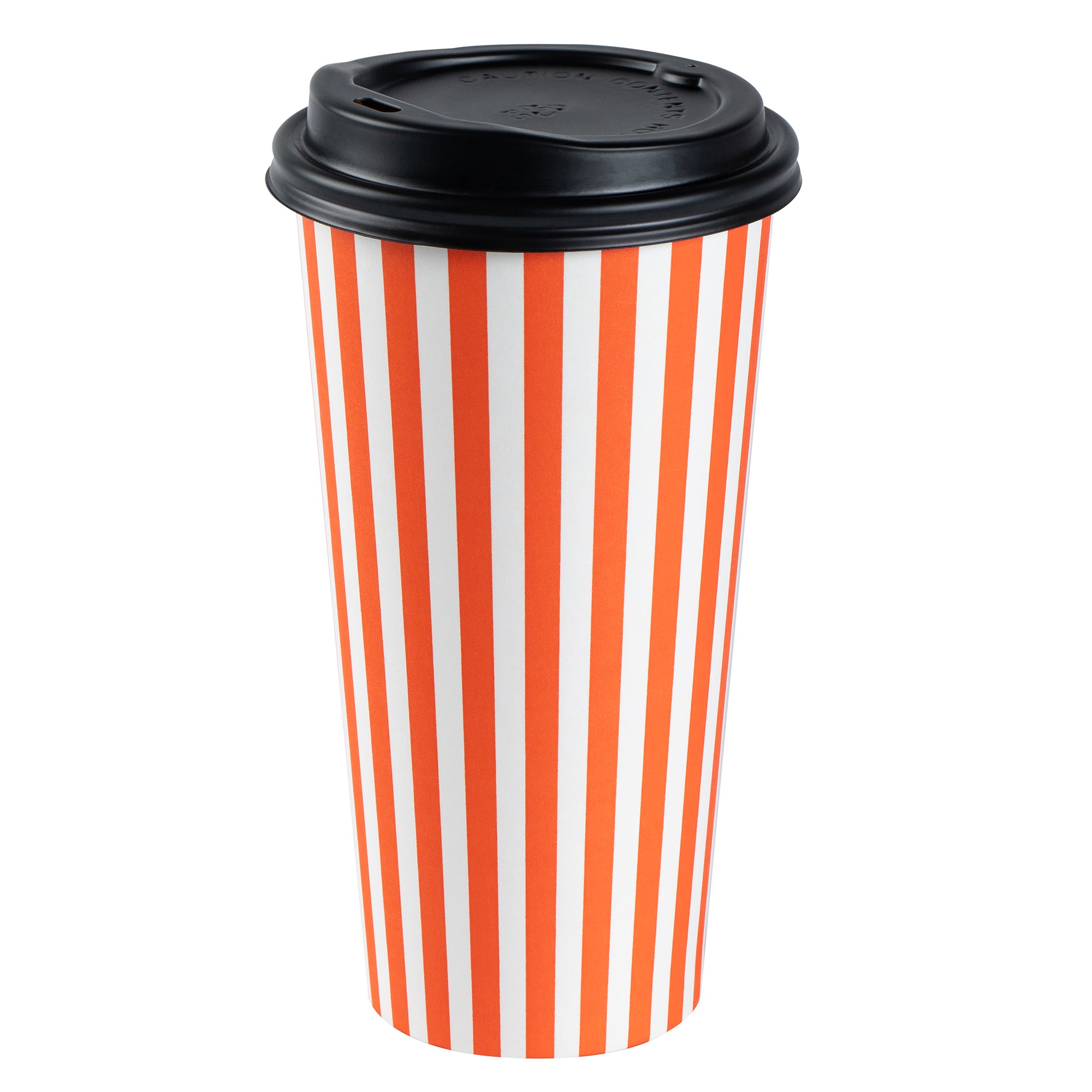 Restpresso 20 oz Orange and White Stripe Paper Single Wall Coffee Cup - with Black Lid - 3 1/2"x 3 1/2"x 6 1/4" - 20 count box