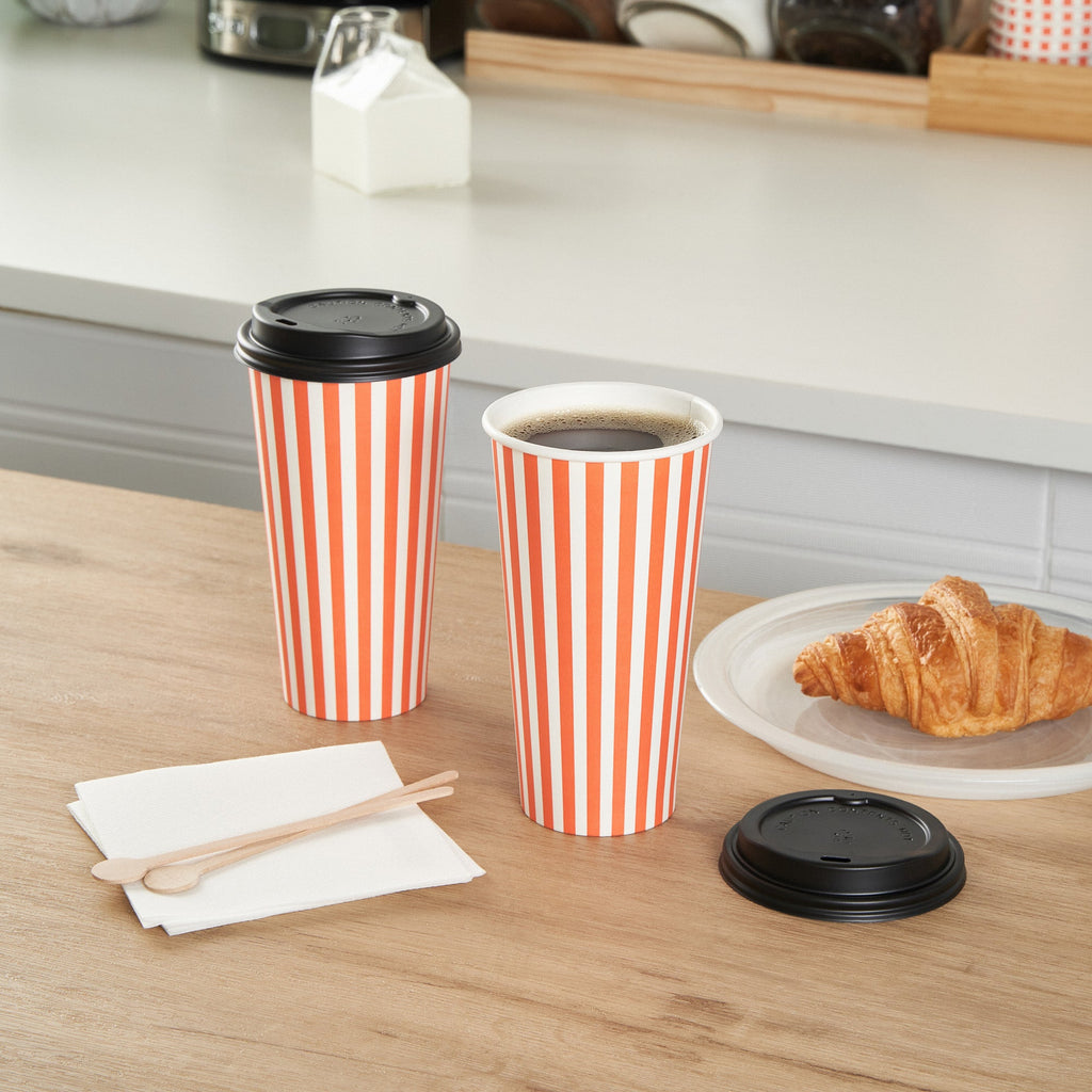 Restpresso 20 oz Orange and White Stripe Paper Single Wall Coffee Cup - with Black Lid - 3 1/2"x 3 1/2"x 6 1/4" - 20 count box