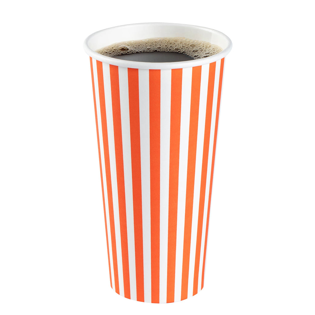 Restpresso 20 oz Orange and White Stripe Paper Single Wall Coffee Cup - with Black Lid - 3 1/2"x 3 1/2"x 6 1/4" - 400 count box