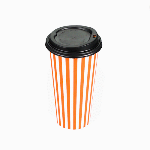 Restpresso 20 oz Orange and White Stripe Paper Single Wall Coffee Cup - with Black Lid - 3 1/2"x 3 1/2"x 6 1/4" - 400 count box