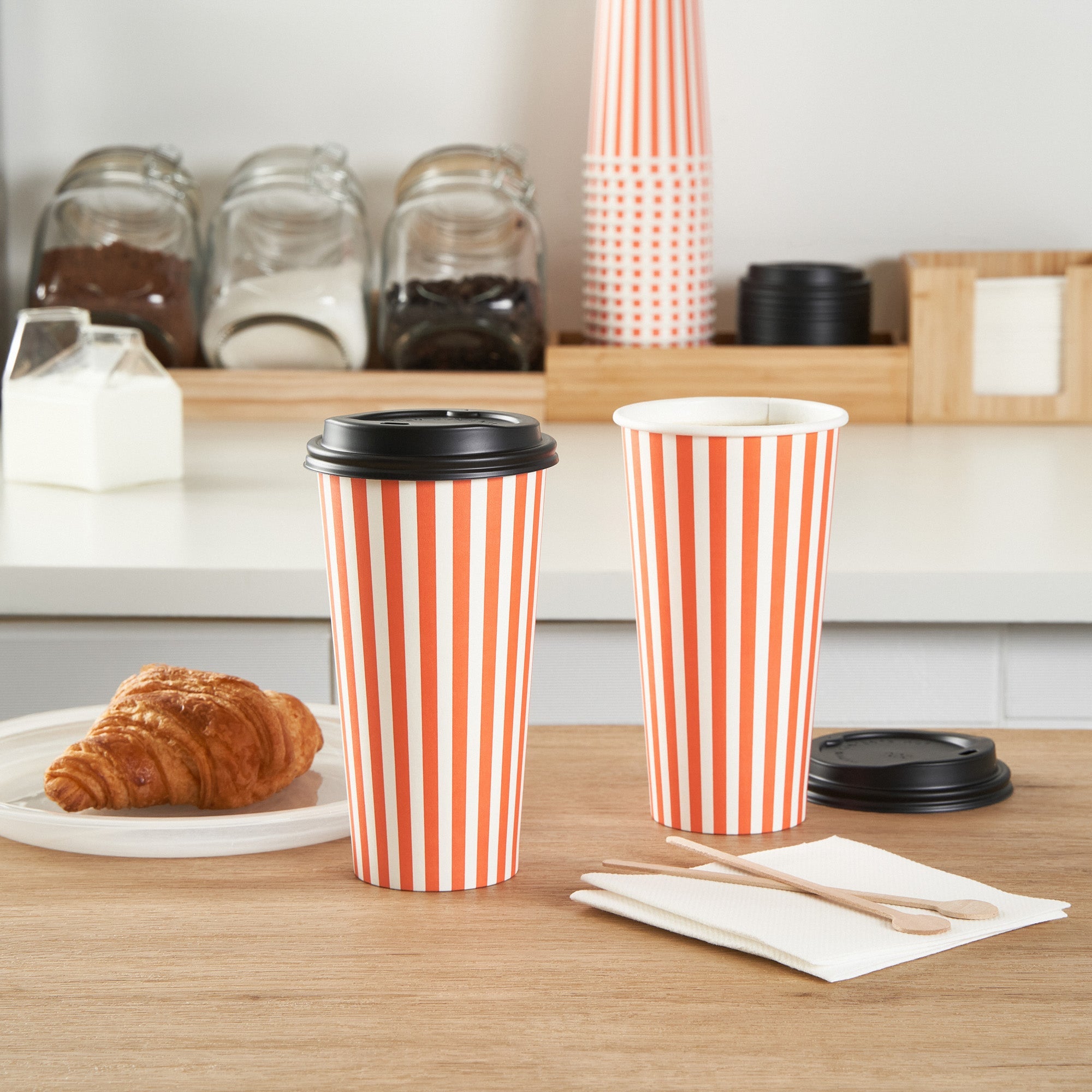 Restpresso 20 oz Orange and White Stripe Paper Single Wall Coffee Cup - with Black Lid - 3 1/2"x 3 1/2"x 6 1/4" - 400 count box