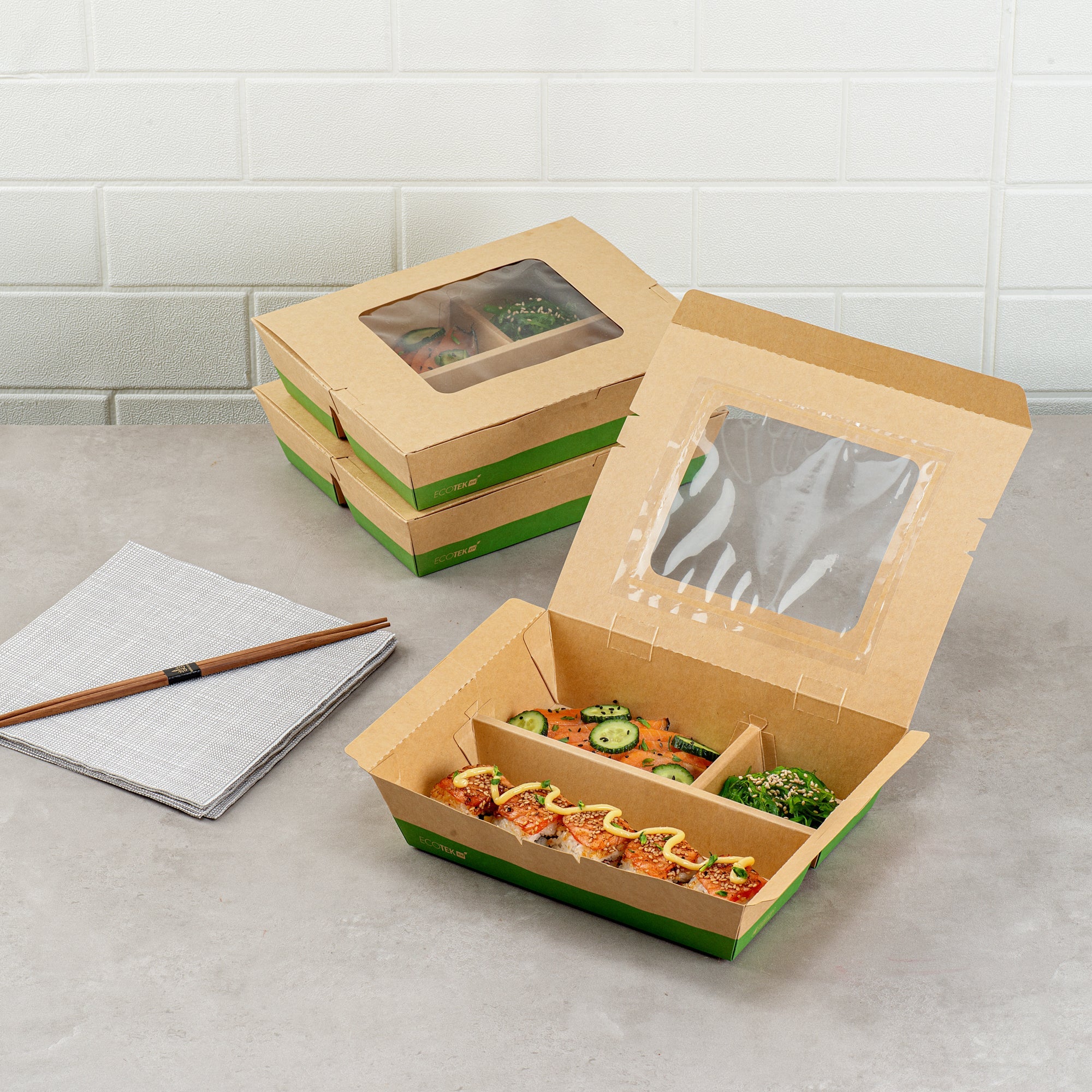 Eco Tek 51 oz Kraft and Green Paper Bento Box - with PLA Window, 3-Compartment, Compostable - 9 1/2'' x 7 1/2'' x 2'' - 100 count box