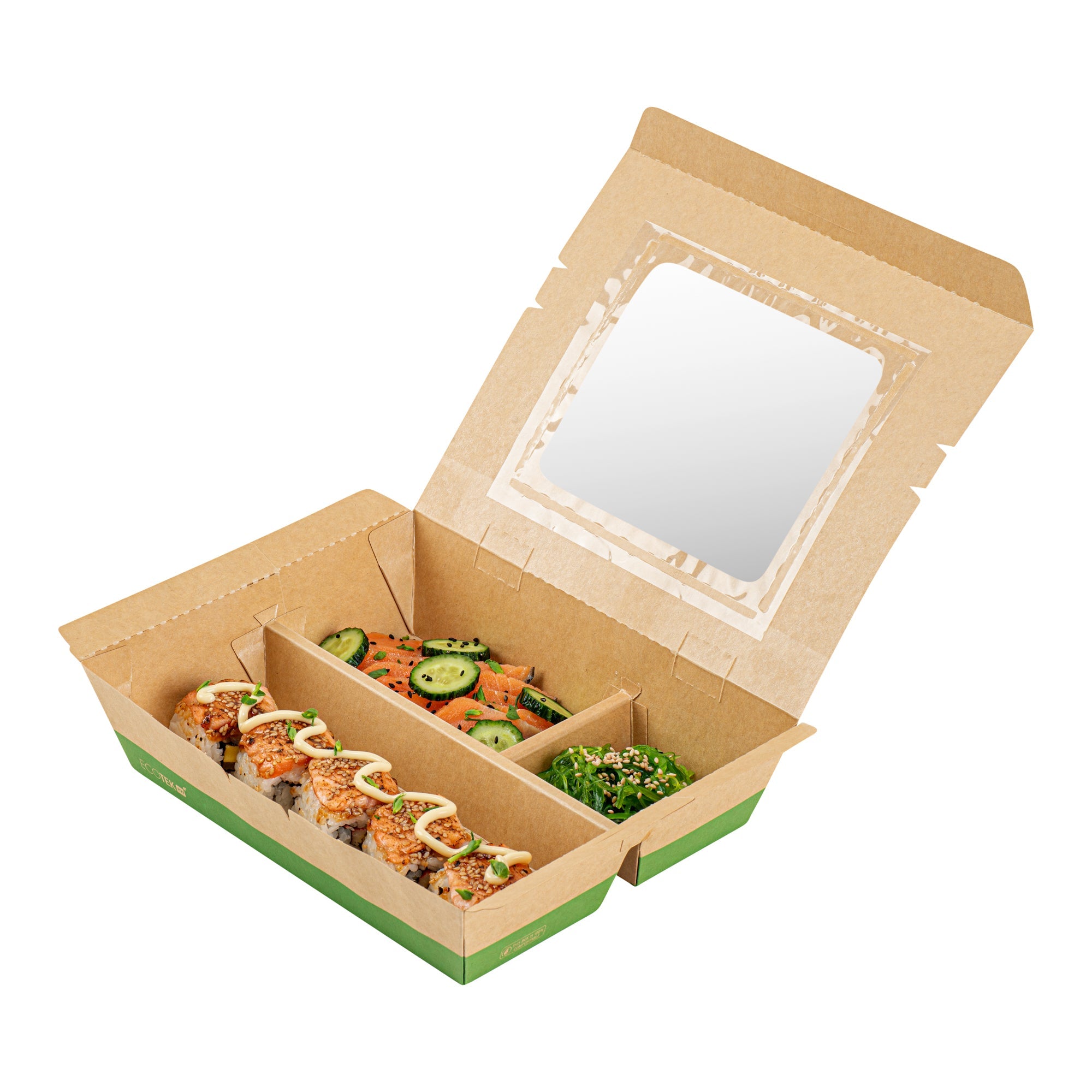 Eco Tek 51 oz Kraft and Green Paper Bento Box - with PLA Window, 3-Compartment, Compostable - 9 1/2'' x 7 1/2'' x 2'' - 100 count box