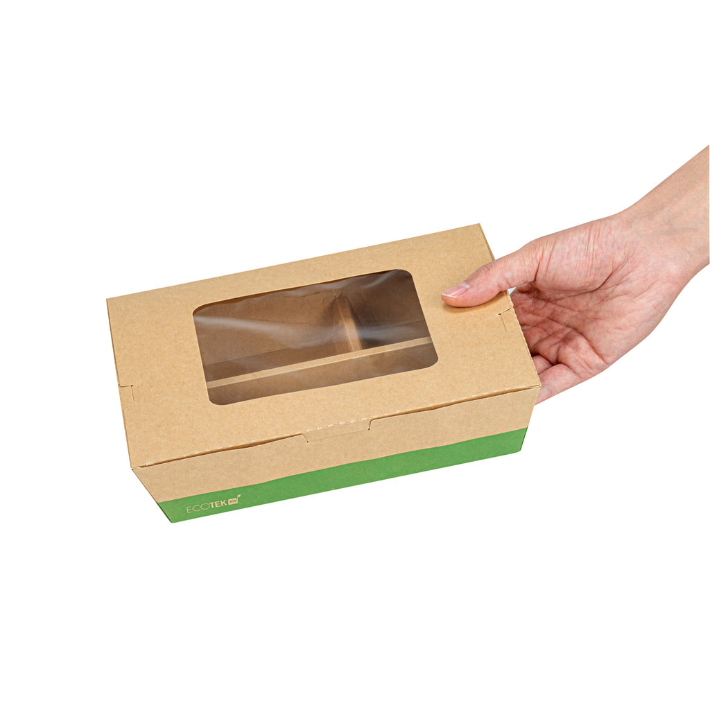Eco Tek 51 oz Kraft and Green Paper Bento Box - with PLA Window, 3-Compartment, Compostable - 9 1/2'' x 7 1/2'' x 2'' - 100 count box