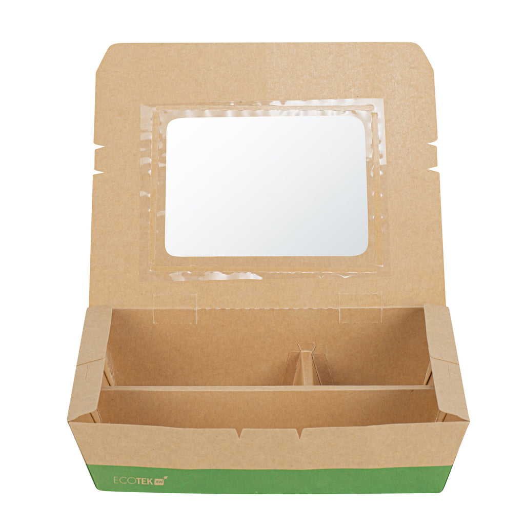 Eco Tek 51 oz Kraft and Green Paper Bento Box - with PLA Window, 3-Compartment, Compostable - 9 1/2'' x 7 1/2'' x 2'' - 100 count box