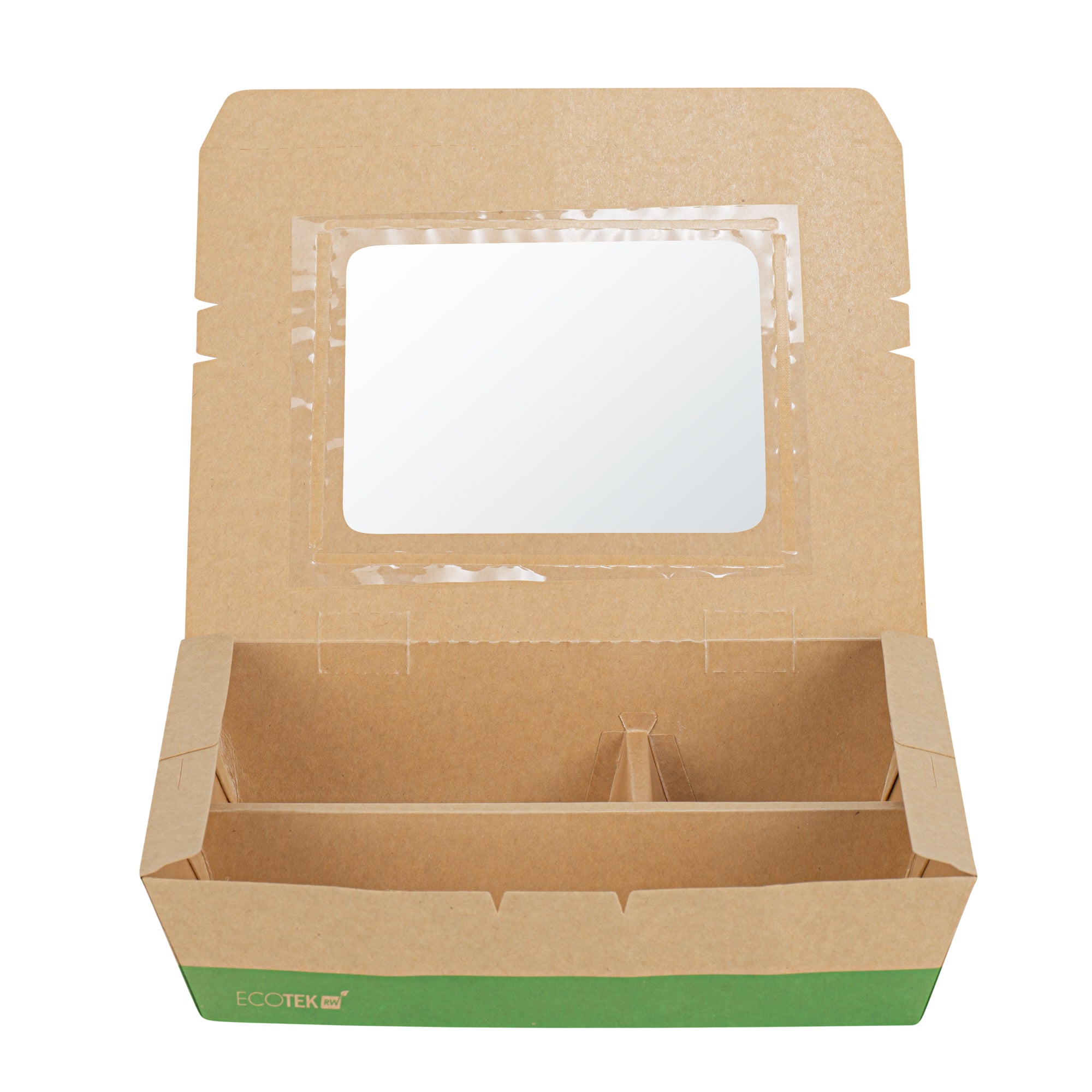Eco Tek 51 oz Kraft and Green Paper Bento Box - with PLA Window, 3-Compartment, Compostable - 9 1/2'' x 7 1/2'' x 2'' - 100 count box