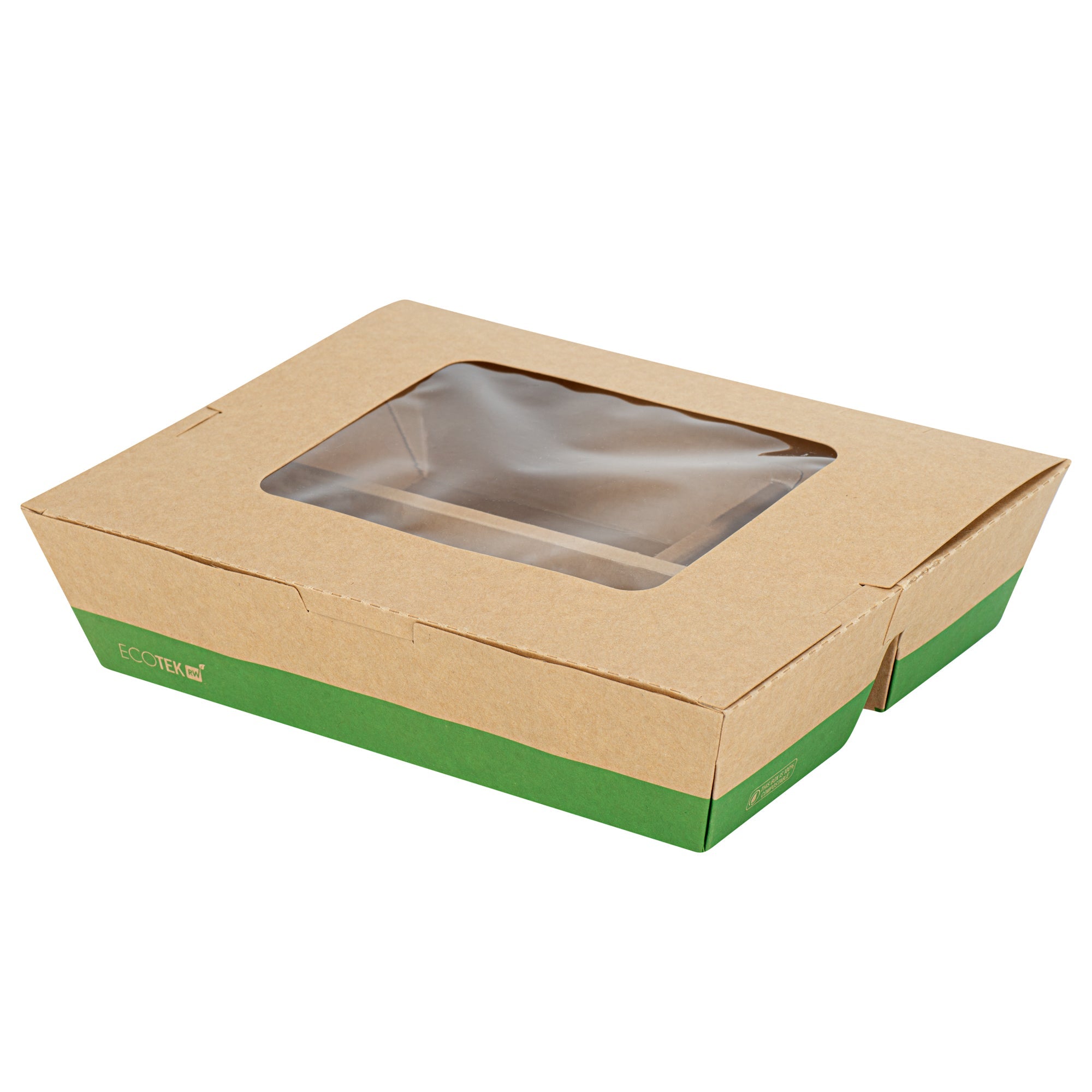 Eco Tek 51 oz Kraft and Green Paper Bento Box - with PLA Window, 3-Compartment, Compostable - 9 1/2'' x 7 1/2'' x 2'' - 100 count box