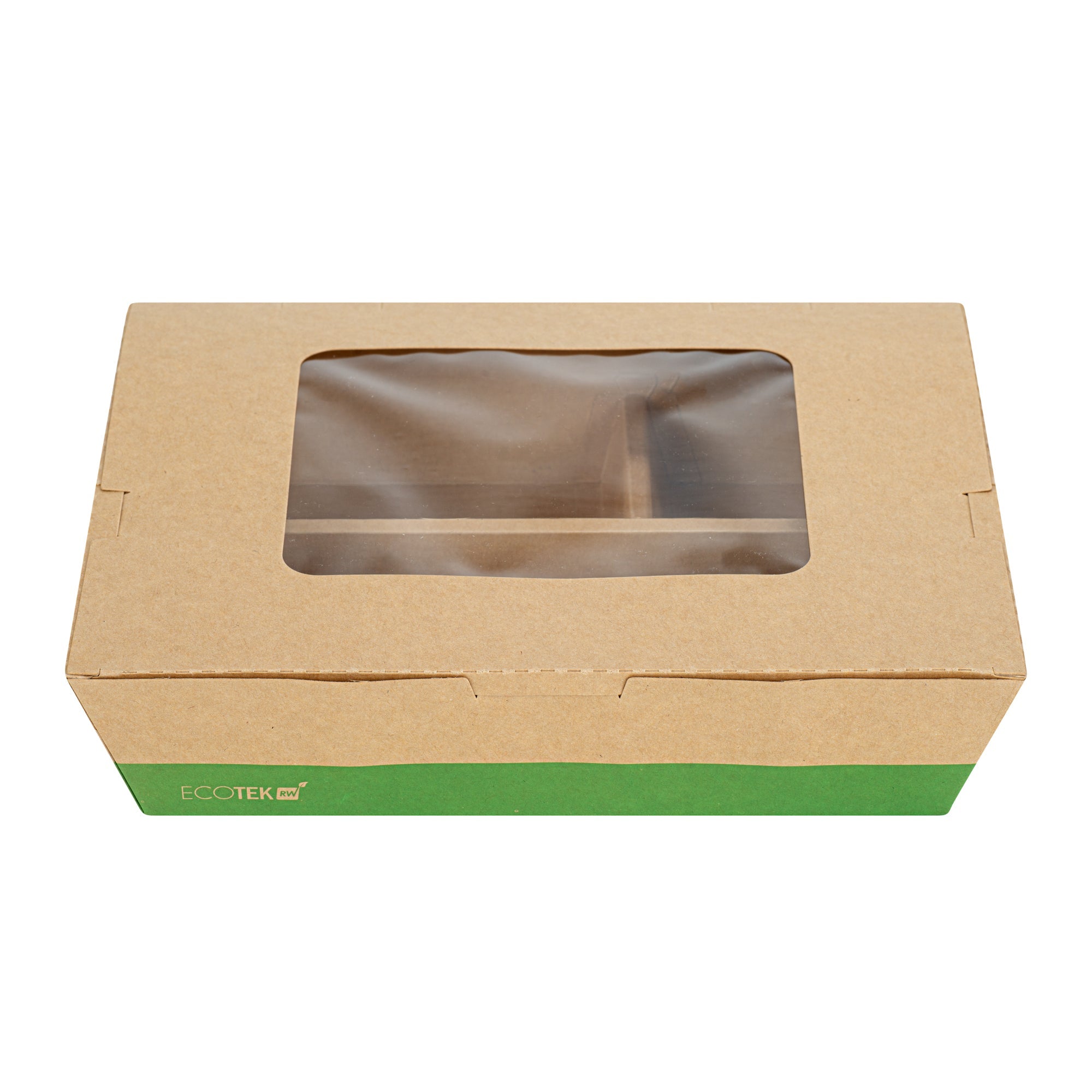 Eco Tek 51 oz Kraft and Green Paper Bento Box - with PLA Window, 3-Compartment, Compostable - 9 1/2'' x 7 1/2'' x 2'' - 100 count box