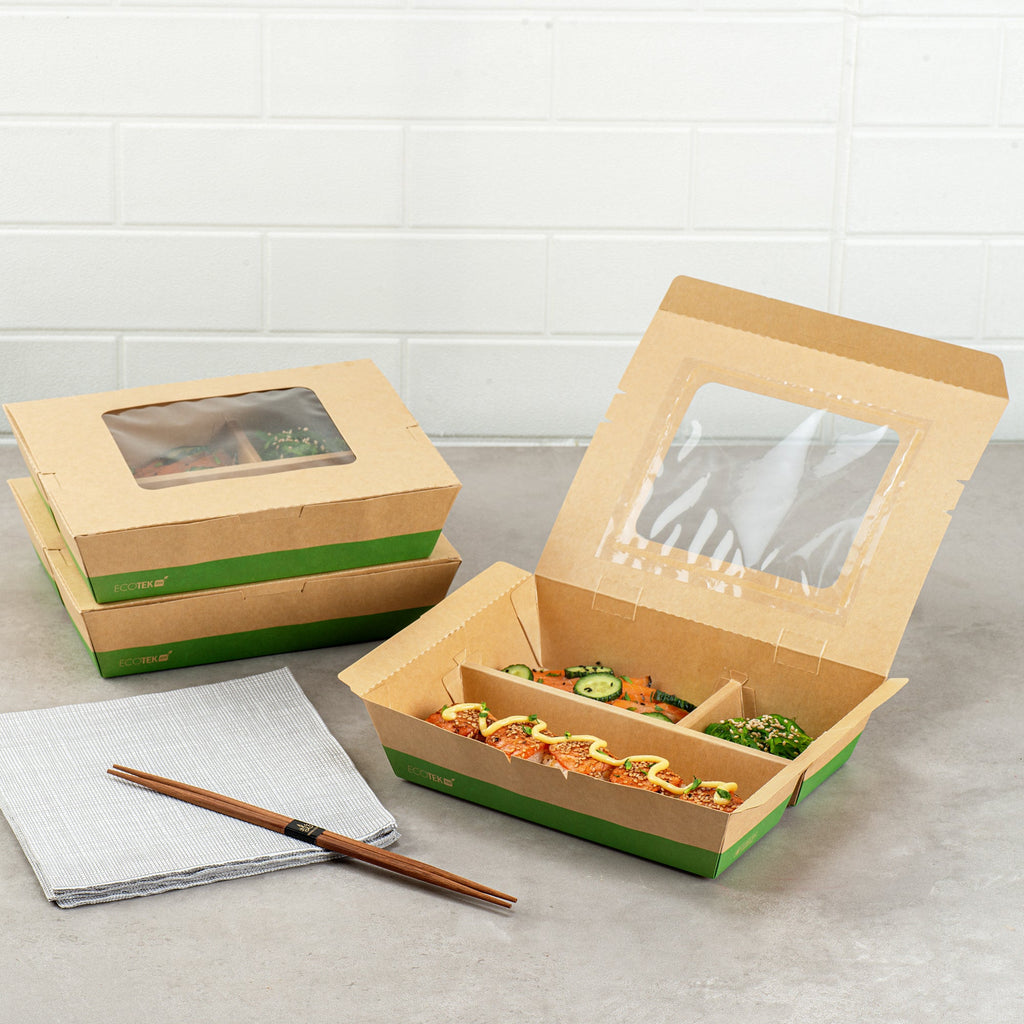 Eco Tek 51 oz Kraft and Green Paper Bento Box - with PLA Window, 3-Compartment, Compostable - 9 1/2'' x 7 1/2'' x 2'' - 100 count box