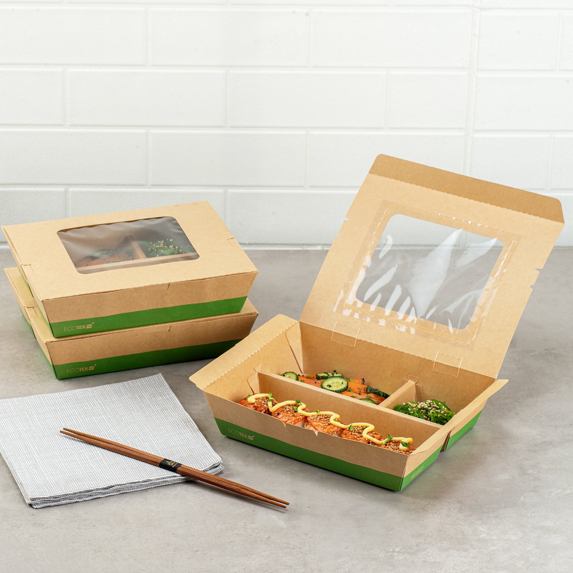 Eco Tek 51 oz Kraft and Green Paper Bento Box - with PLA Window, 3-Compartment, Compostable - 9 1/2'' x 7 1/2'' x 2'' - 100 count box