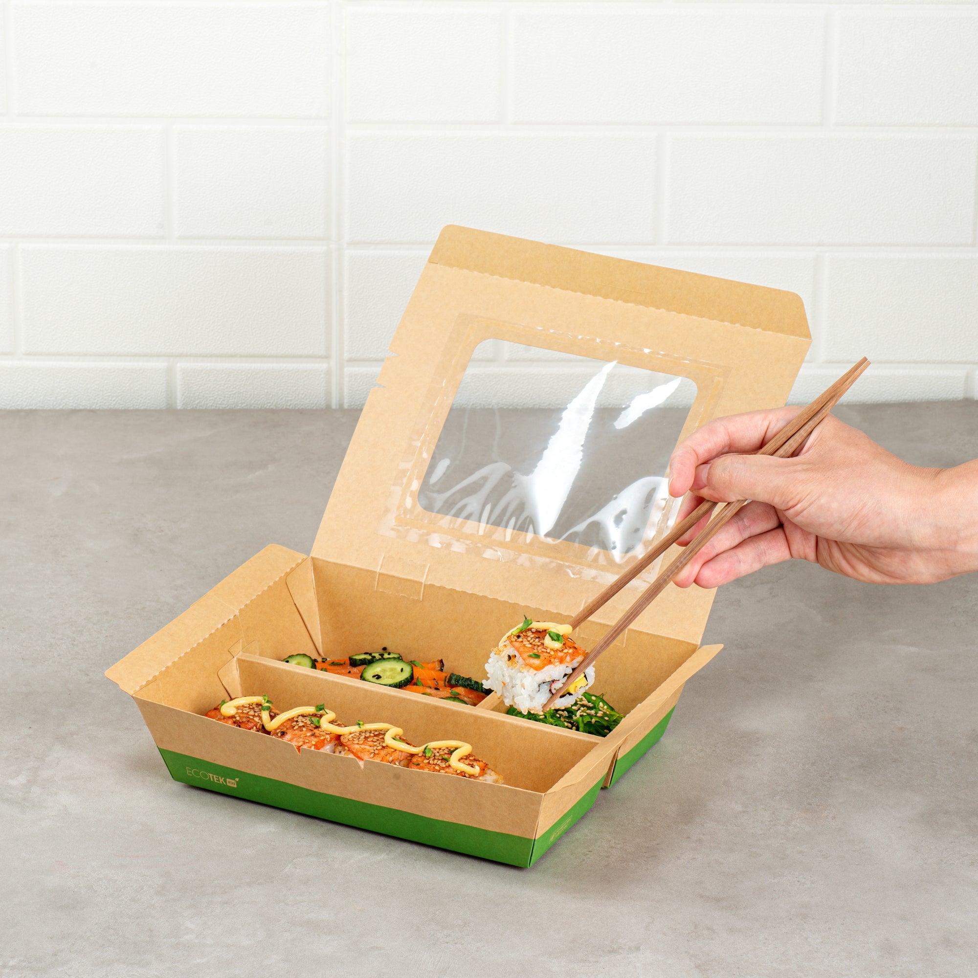 Eco Tek 51 oz Kraft and Green Paper Bento Box - with PLA Window, 3-Compartment, Compostable - 9 1/2'' x 7 1/2'' x 2'' - 100 count box