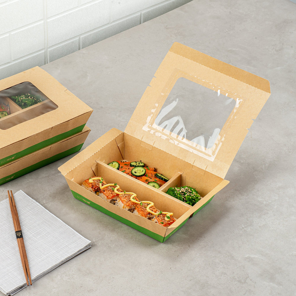 Eco Tek 51 oz Kraft and Green Paper Bento Box - with PLA Window, 3-Compartment, Compostable - 9 1/2'' x 7 1/2'' x 2'' - 100 count box