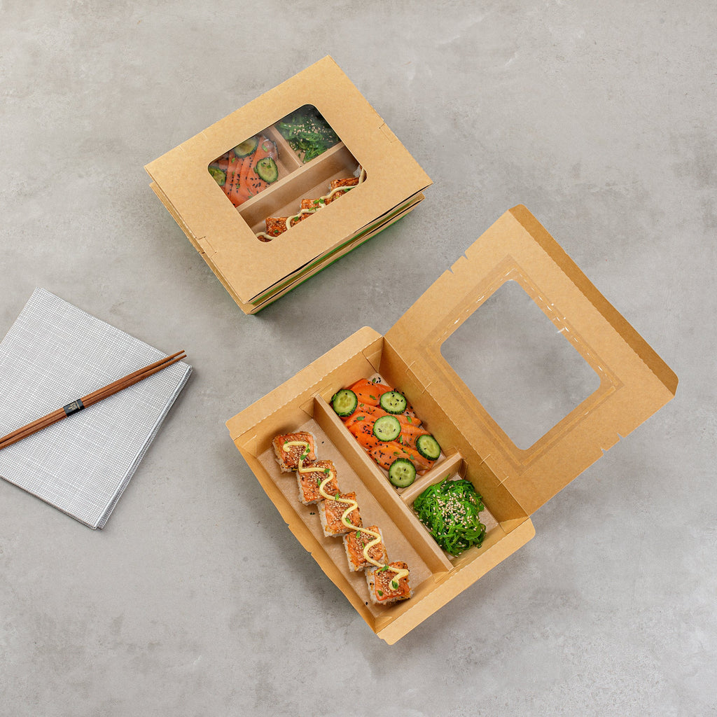 Eco Tek 51 oz Kraft and Green Paper Bento Box - with PLA Window, 3-Compartment, Compostable - 9 1/2'' x 7 1/2'' x 2'' - 100 count box