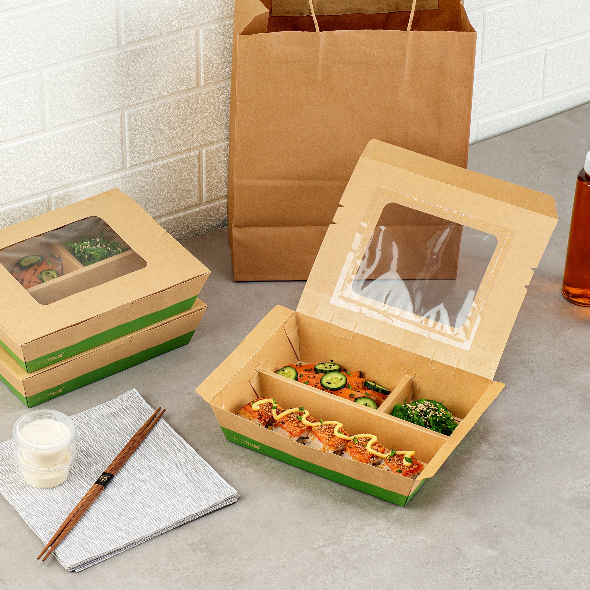 Eco Tek 51 oz Kraft and Green Paper Bento Box - with PLA Window, 3-Compartment, Compostable - 9 1/2'' x 7 1/2'' x 2'' - 100 count box