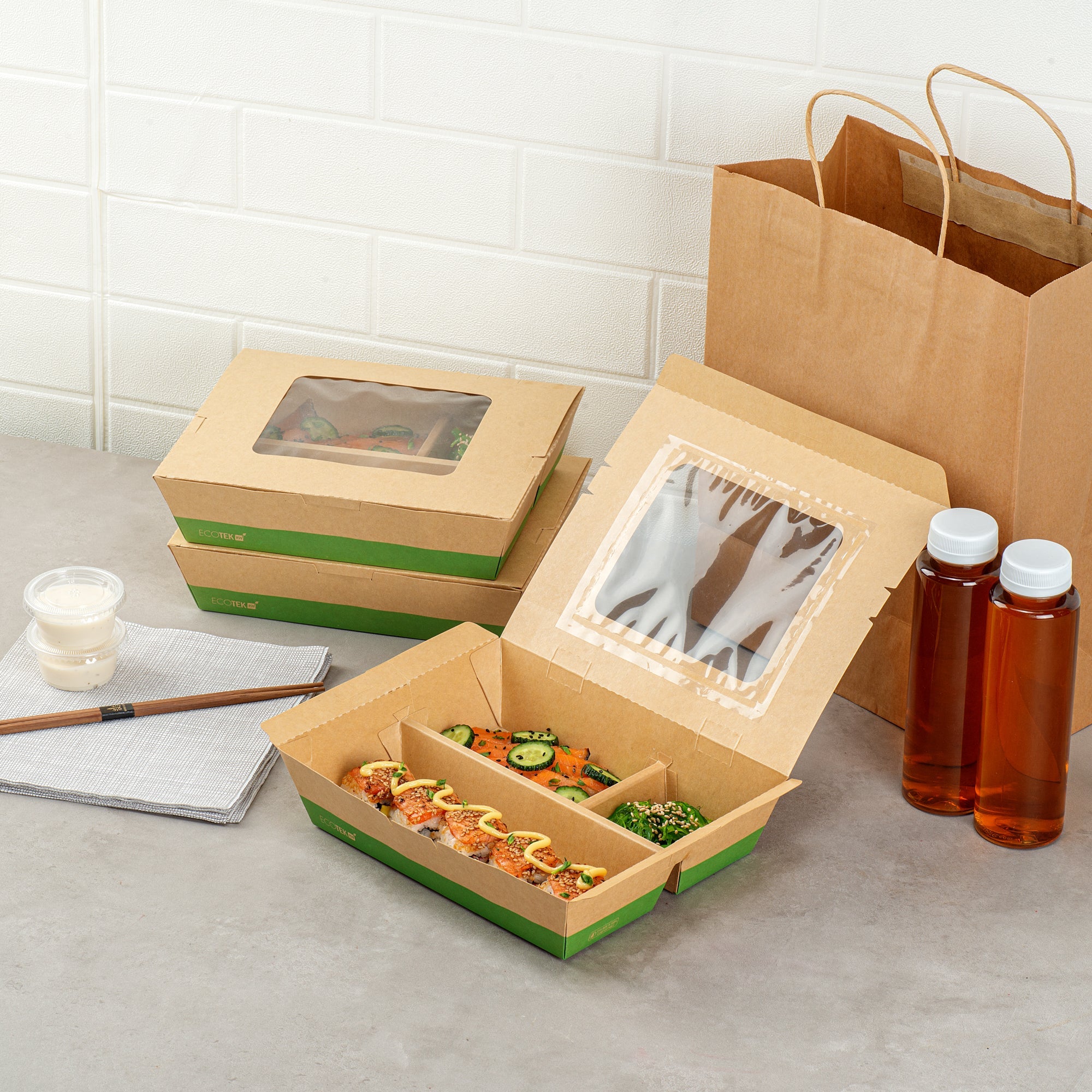 Eco Tek 51 oz Kraft and Green Paper Bento Box - with PLA Window, 3-Compartment, Compostable - 9 1/2'' x 7 1/2'' x 2'' - 100 count box