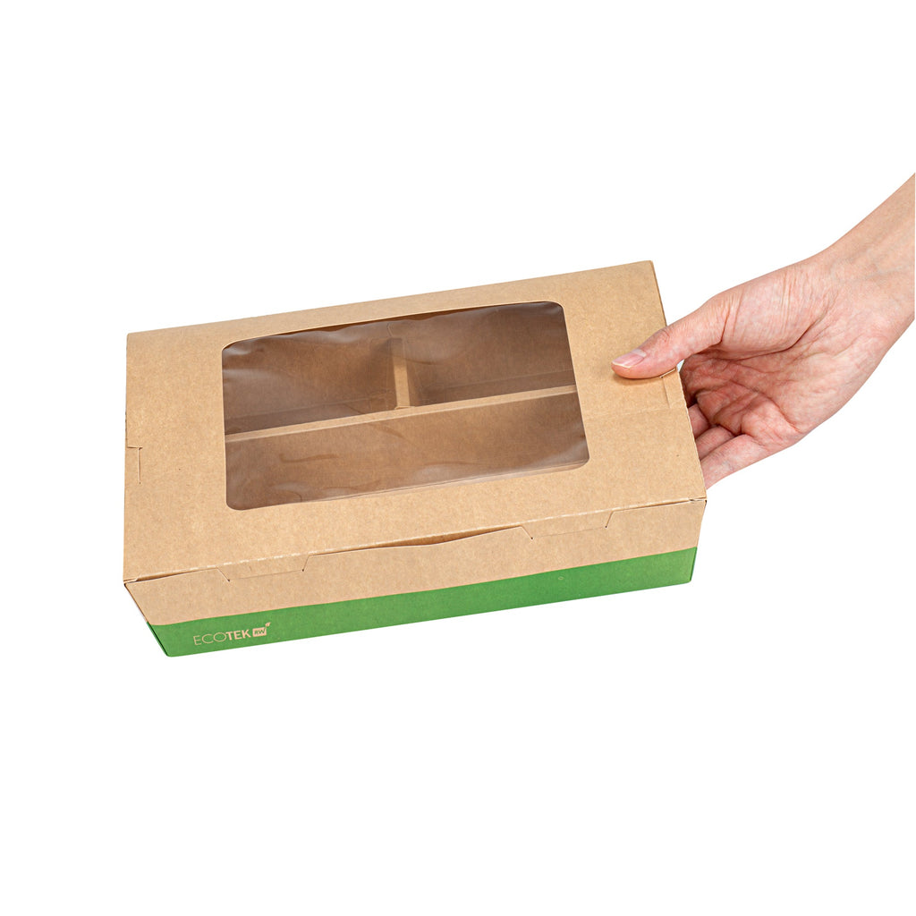 Eco Tek 78 oz Kraft and Green Paper Bento Box - with PLA Window, 3-Compartment, Compostable - 11" x 9" x 2" - 100 count box