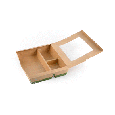 Eco Tek 78 oz Kraft and Green Paper Bento Box - with PLA Window, 3-Compartment, Compostable - 11" x 9" x 2" - 100 count box