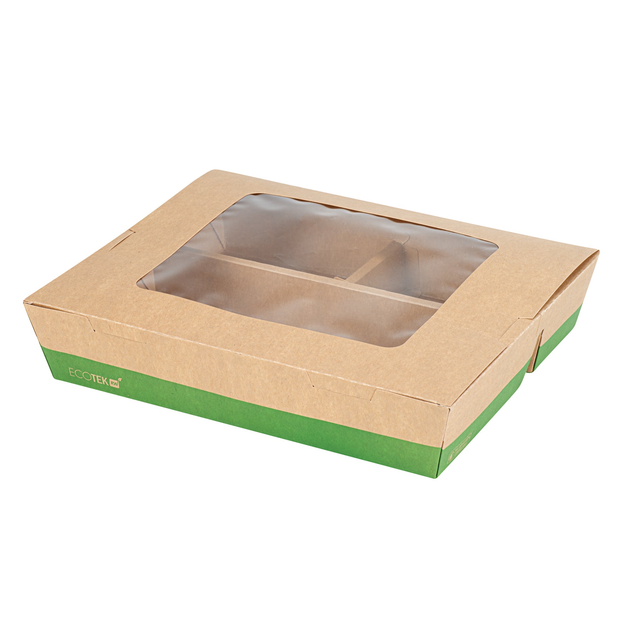 Eco Tek 78 oz Kraft and Green Paper Bento Box - with PLA Window, 3-Compartment, Compostable - 11" x 9" x 2" - 100 count box