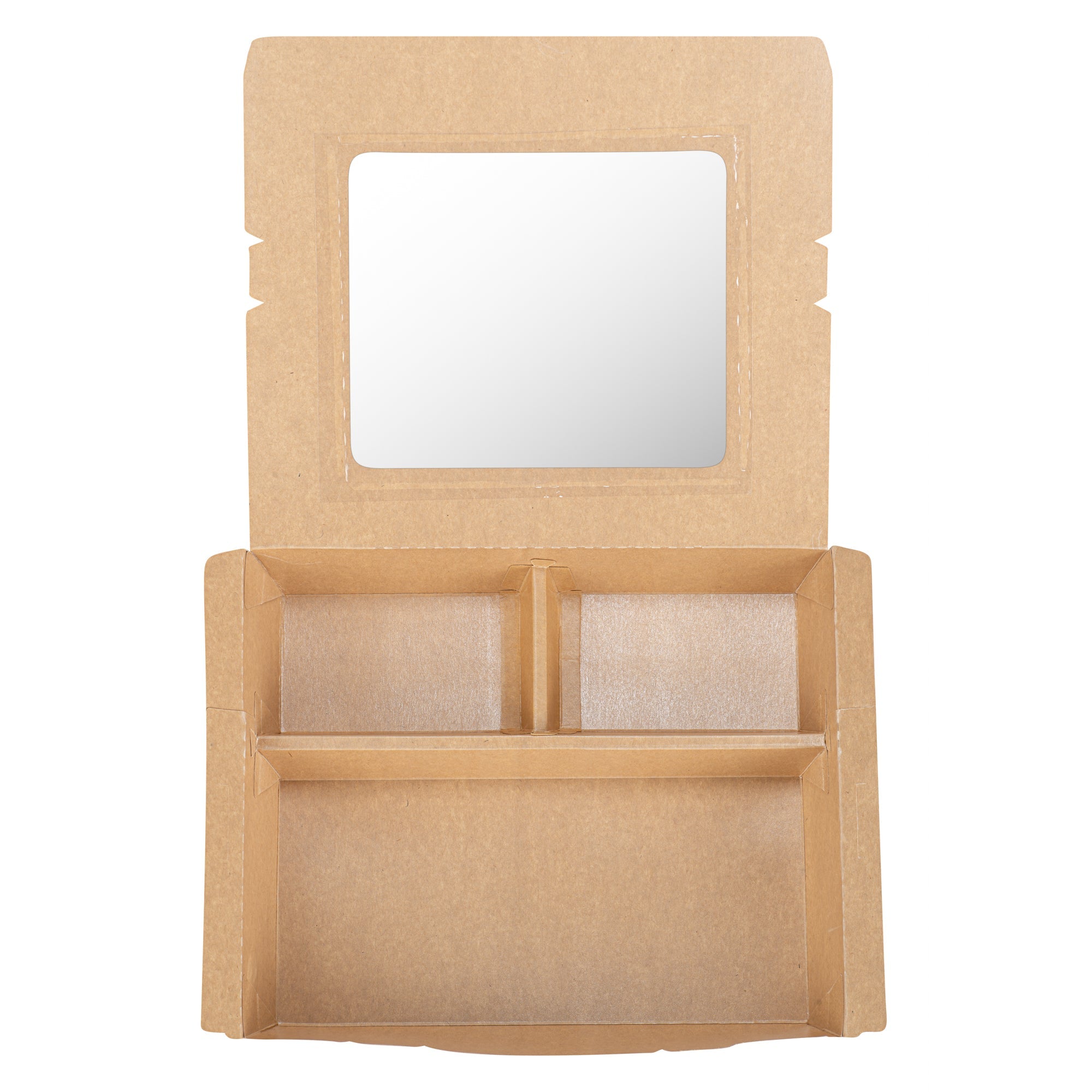 Eco Tek 78 oz Kraft and Green Paper Bento Box - with PLA Window, 3-Compartment, Compostable - 11" x 9" x 2" - 100 count box
